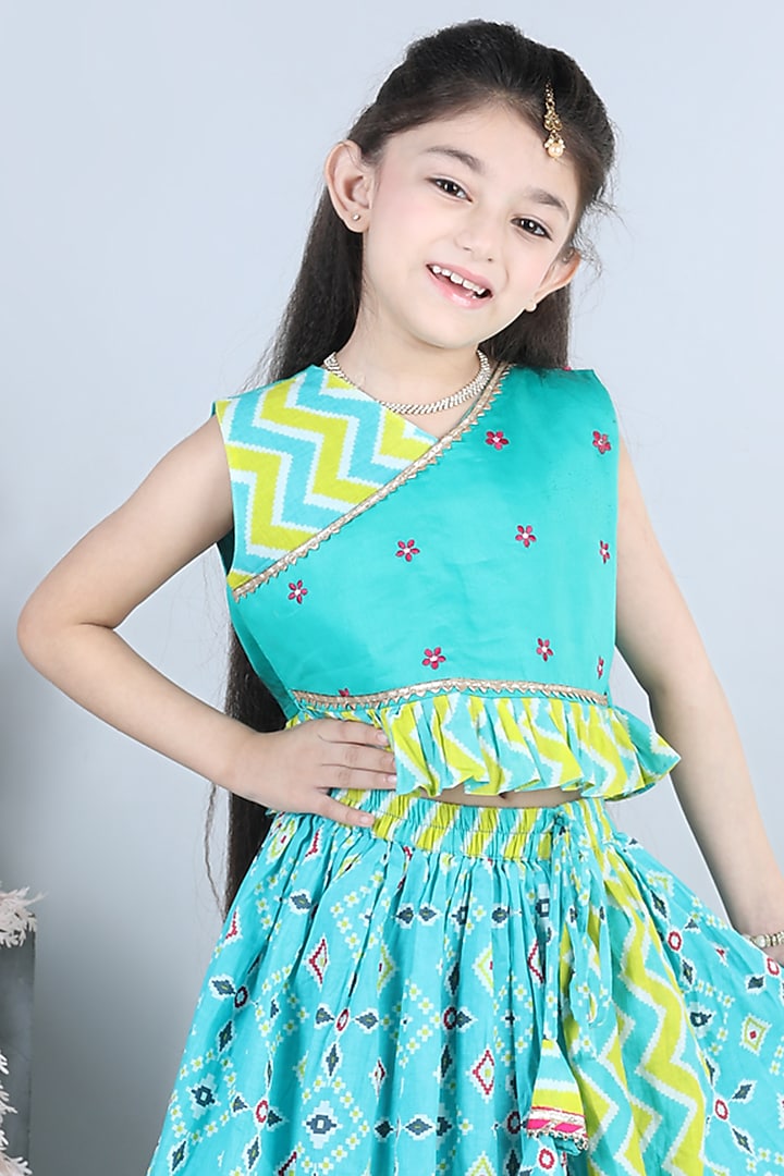 Blue Lehenga Set With Print For Girls by Kinder Kids at Pernia's Pop Up Shop