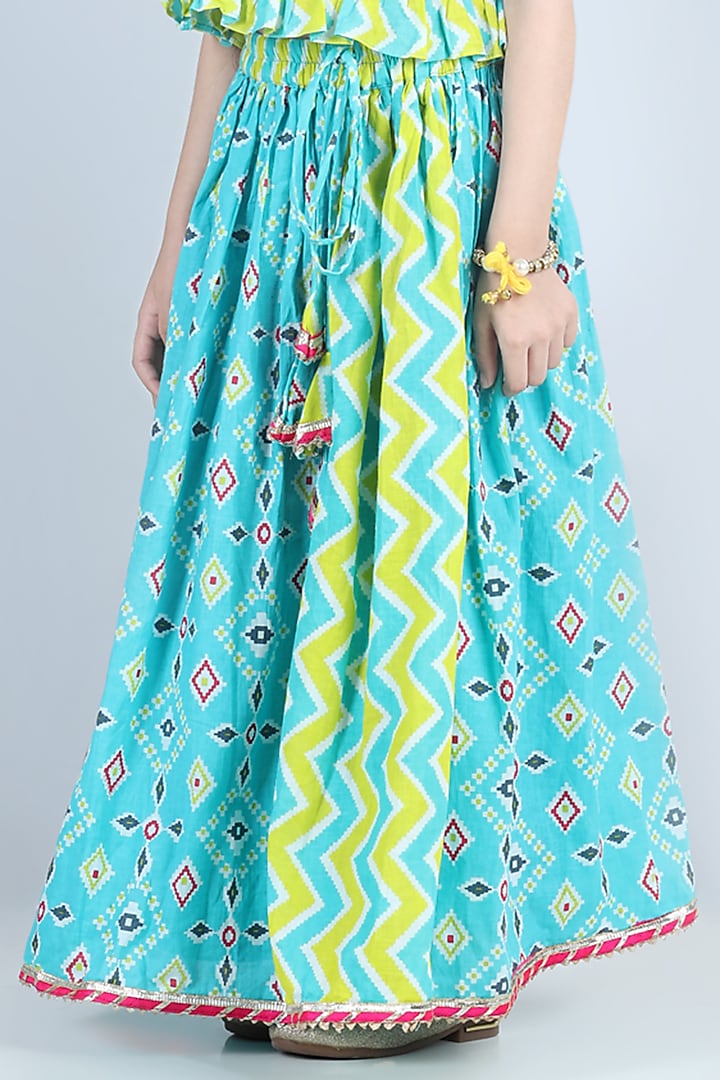 Blue Lehenga Set With Print For Girls by Kinder Kids at Pernia's Pop Up Shop