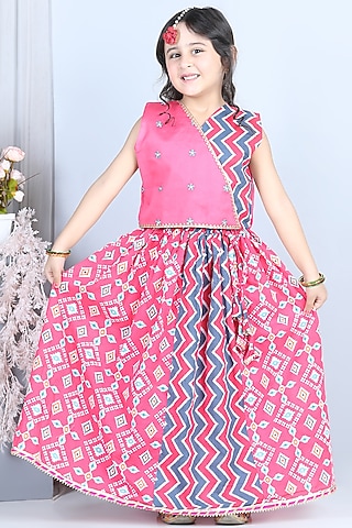 Pink Lehenga Set With Print For Girls by Kinder Kids