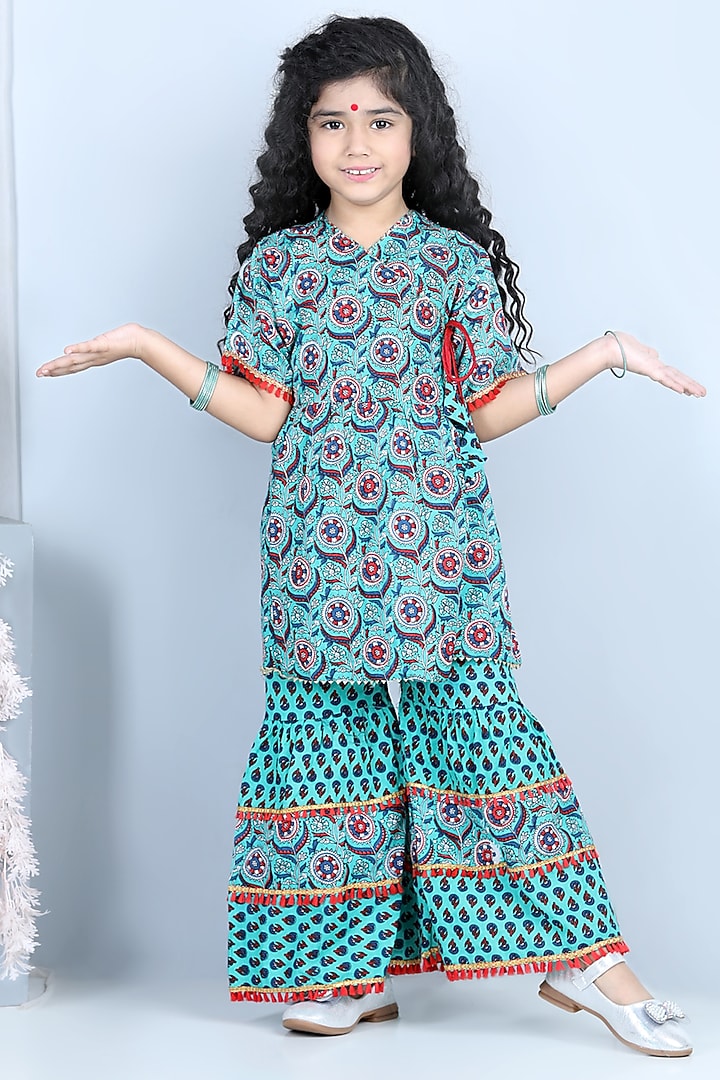 Green Printed Sharara Set For Girls by Kinder Kids at Pernia's Pop Up Shop
