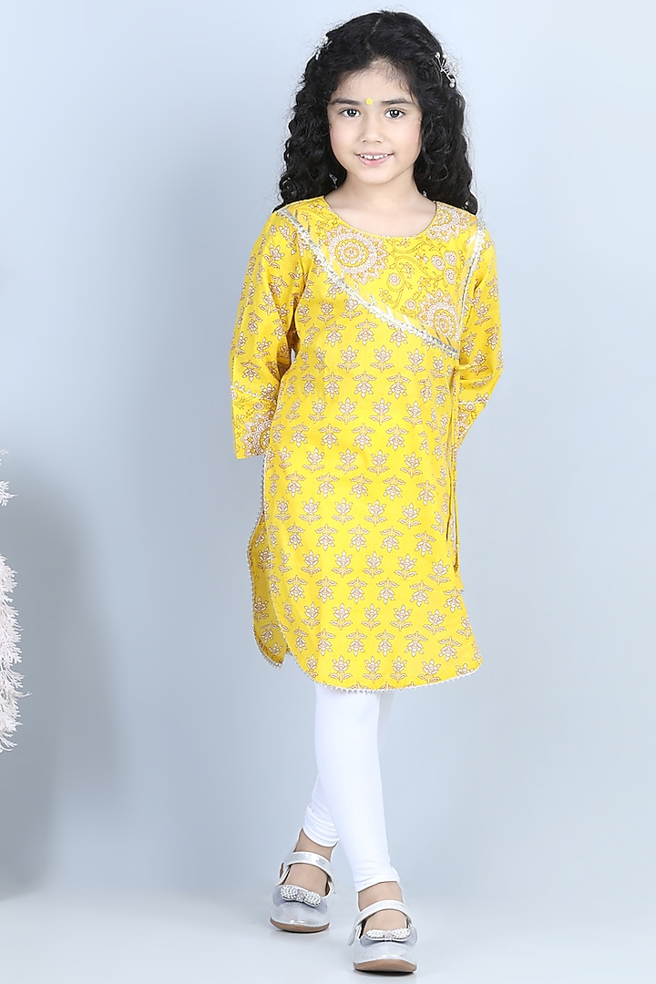 Yellow Cotton Printed Kurta Set For Girls by Kinder Kids