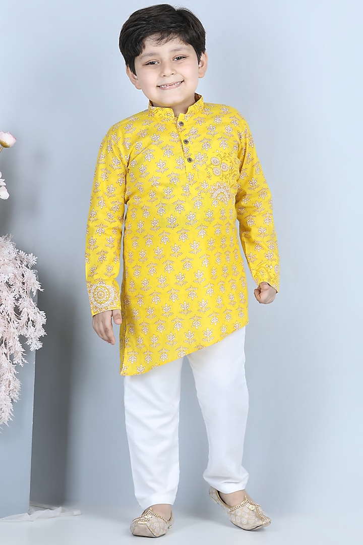 Yellow Floral Printed Kurta Set For Boys by Kinder Kids