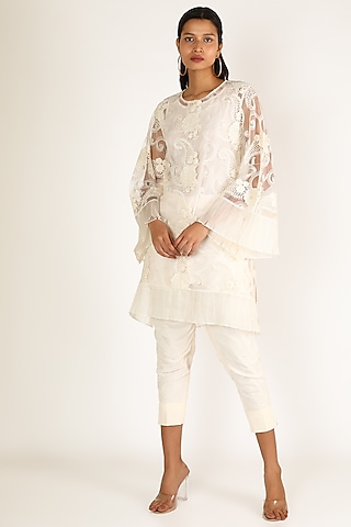 Ivory Kurta Set With Pearl Work by Kirei