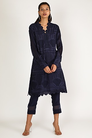 Blue Scalloped Kurta Set by Kirei