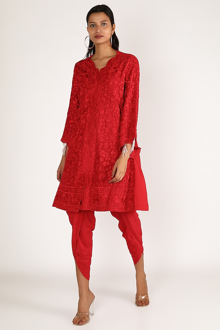 Red Embroidered Jacket Style Kurta Set by Kirei