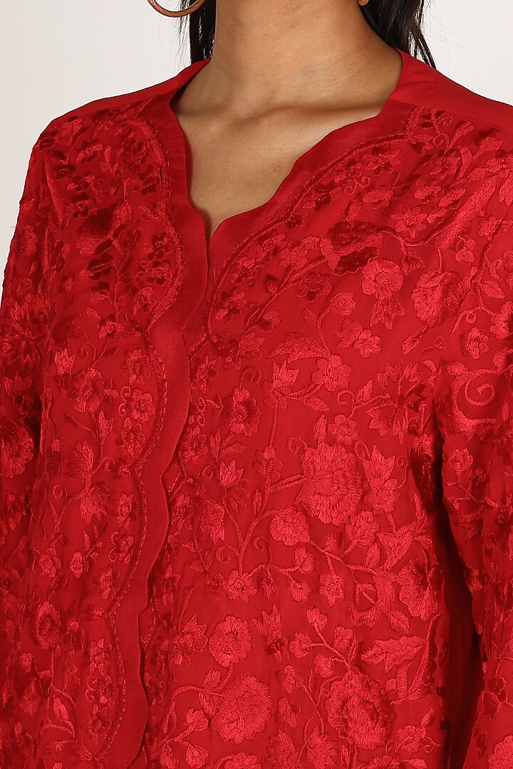 Red Embroidered Jacket Style Kurta Set by Kirei at Pernia's Pop Up Shop