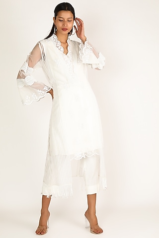 White Thread Worked Jacket Set by Kirei