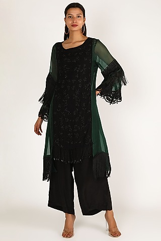 Black & Green Embellished Kurta Set by Kirei