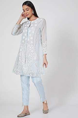 Powder Blue Short Jacket Kurta Set by Kirei