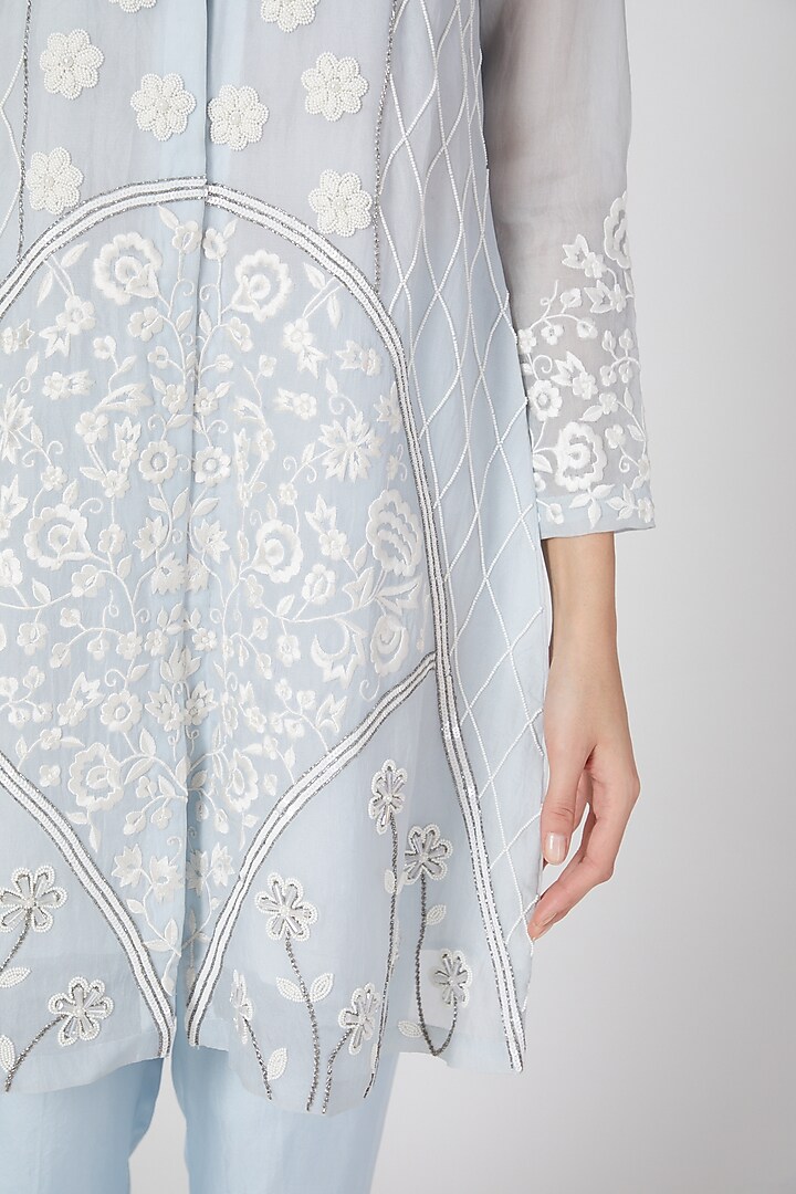 Powder Blue Short Jacket Kurta Set by Kirei at Pernia's Pop Up Shop