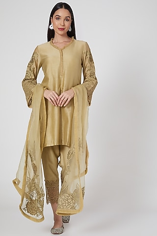 Olive Green Chanderi Kurta Set by Kirei