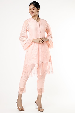 Peachy Pink Jaal Embroidered Pleated Kurta Set by Kirei