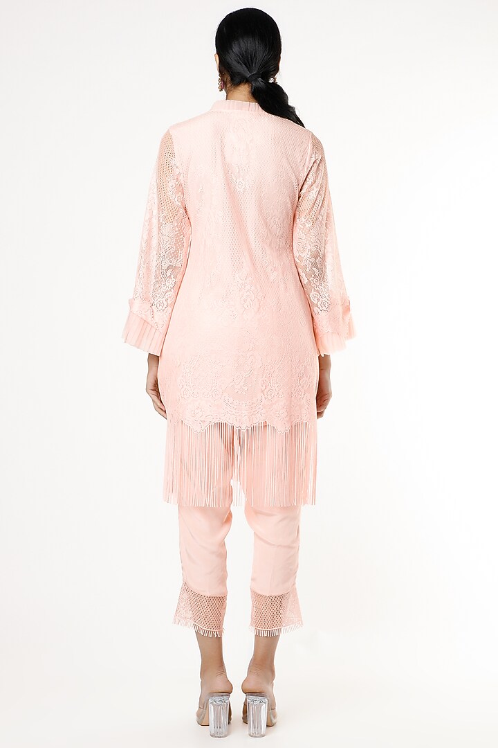 Peachy Pink Jaal Embroidered Pleated Kurta Set by Kirei at Pernia's Pop Up Shop