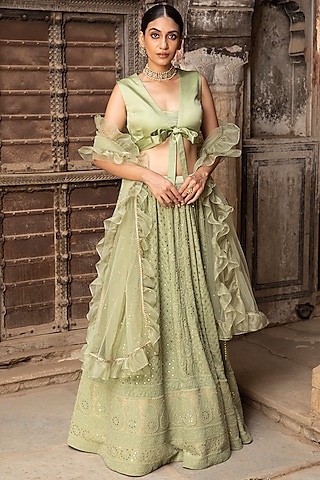 Mint Green Chikankari Lehenga Set by Kritika Dawar
