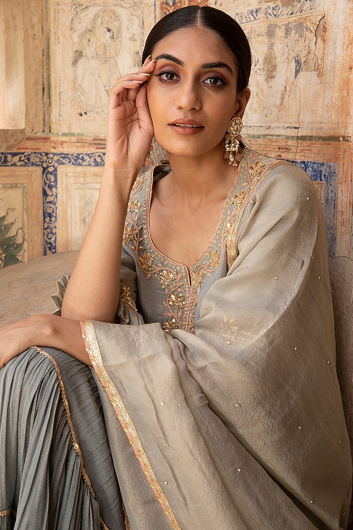 Grey Hand Embroidered Wedding Sharara Set by Kritika Dawar at Pernia's Pop Up Shop