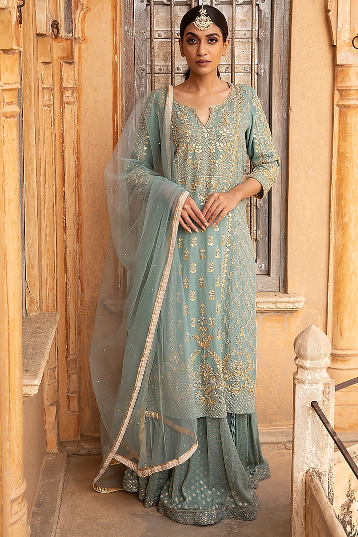 Powder Blue Georgette Gota Jaal Embroidered Kurta Set by Kritika Dawar