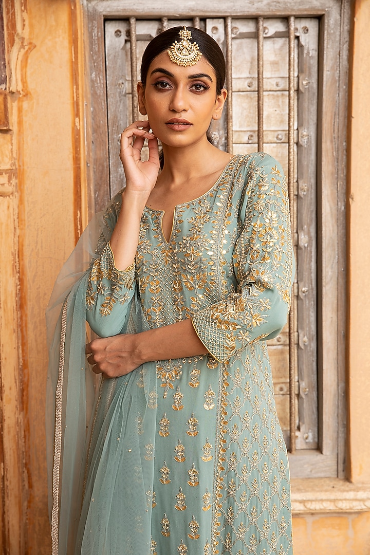 Powder Blue Georgette Gota Jaal Embroidered Kurta Set by Kritika Dawar at Pernia's Pop Up Shop