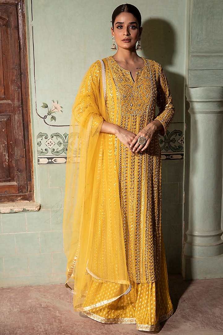 Yellow Gota Embroidered Kurta Set by Kritika Dawar