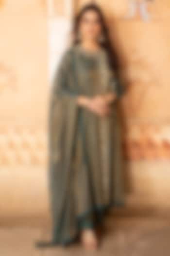 Dull Teal Hand Embroidered Kurta Set by Kritika Dawar at Pernia's Pop Up Shop