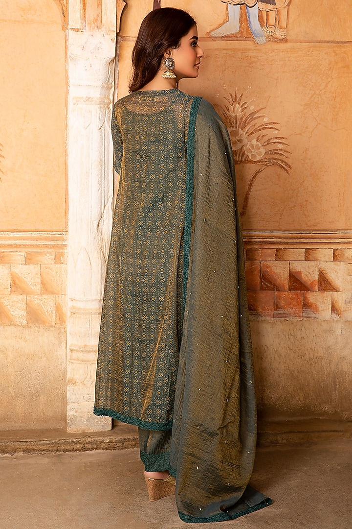 Dull Teal Hand Embroidered Kurta Set by Kritika Dawar at Pernia's Pop Up Shop