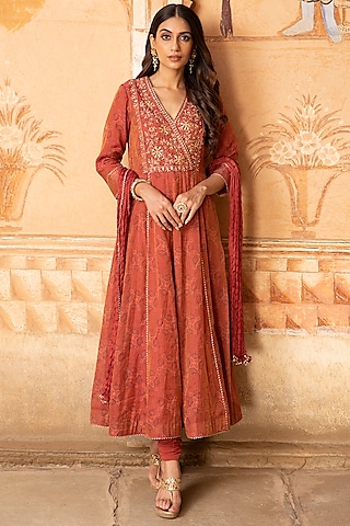 Rust Red Hand Embroidered Anarkali Set by Kritika Dawar