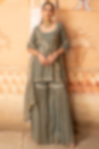 Dull Teal Gota Embroidered Gharara Set by Kritika Dawar at Pernia's Pop Up Shop