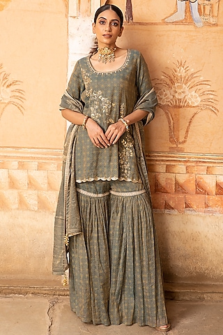 Dull Teal Gota Embroidered Gharara Set by Kritika Dawar