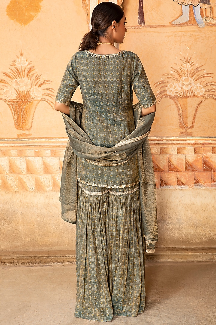 Dull Teal Gota Embroidered Gharara Set by Kritika Dawar at Pernia's Pop Up Shop