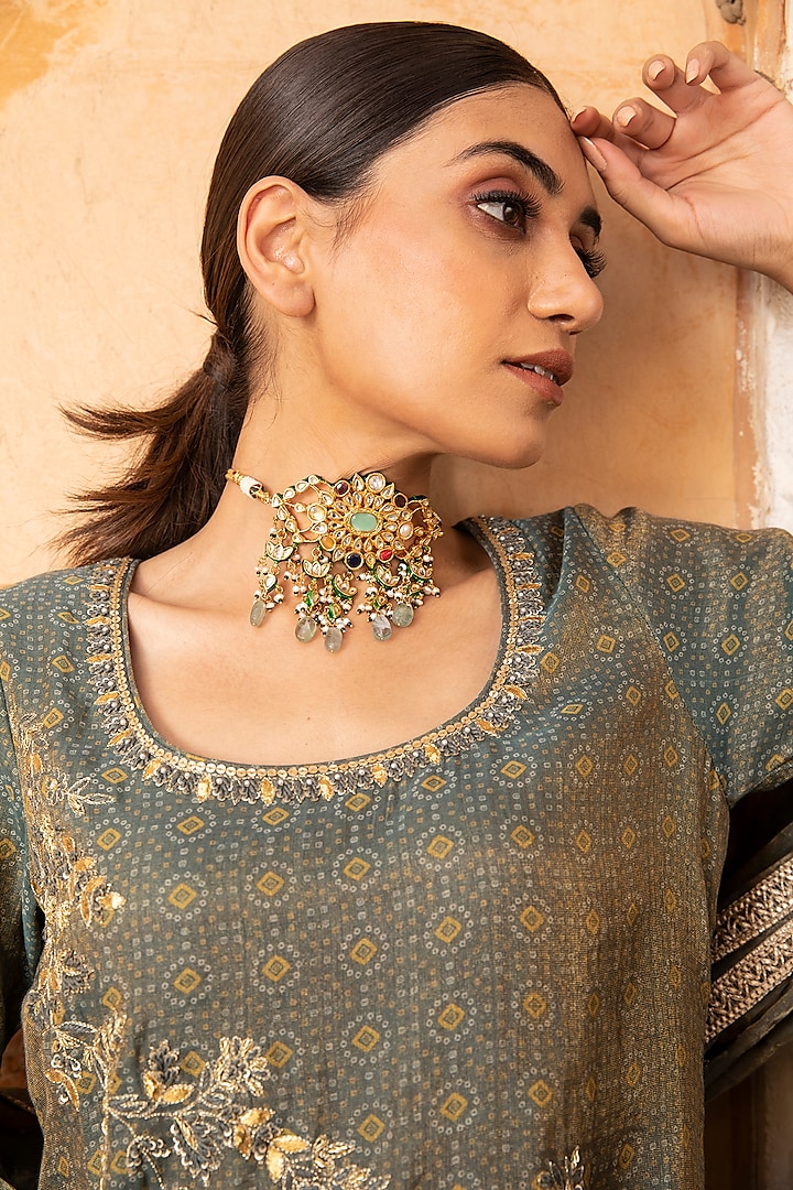 Dull Teal Gota Embroidered Gharara Set by Kritika Dawar at Pernia's Pop Up Shop