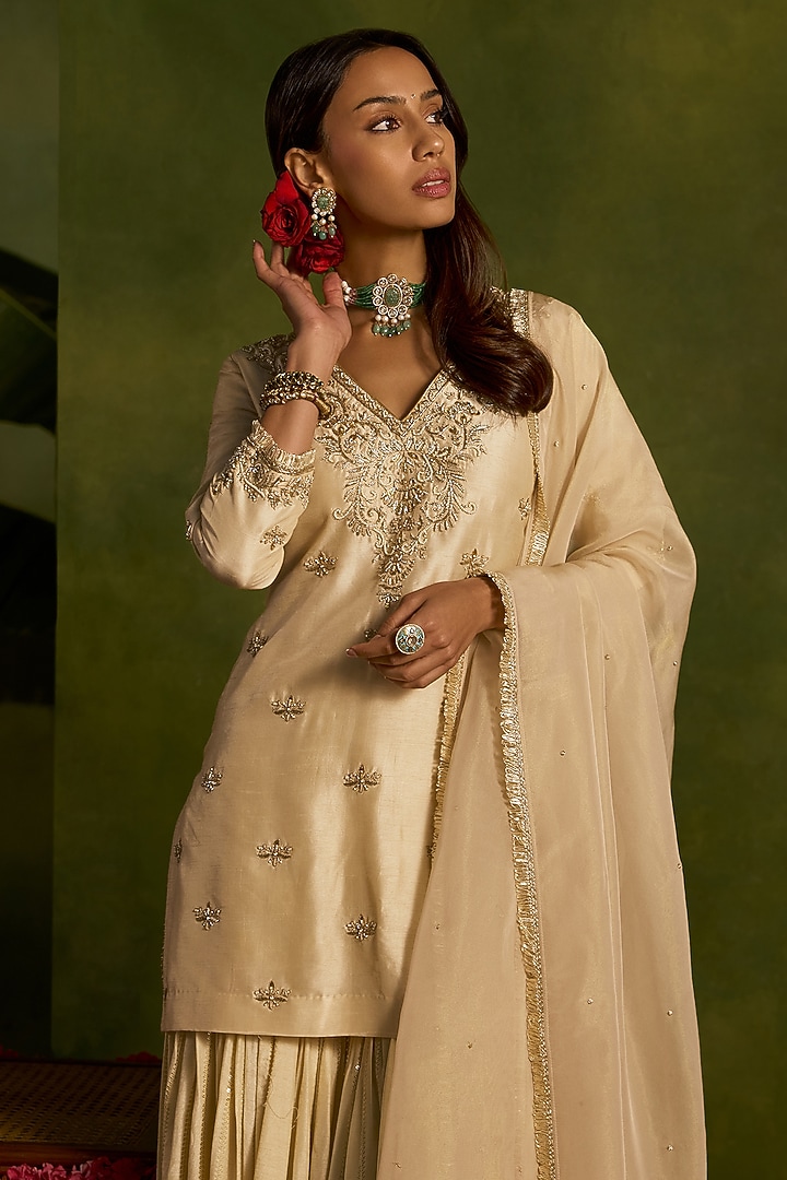 Ivory Silk Sequins Embroidered Gharara Set by Kritika Dawar at Pernia's Pop Up Shop