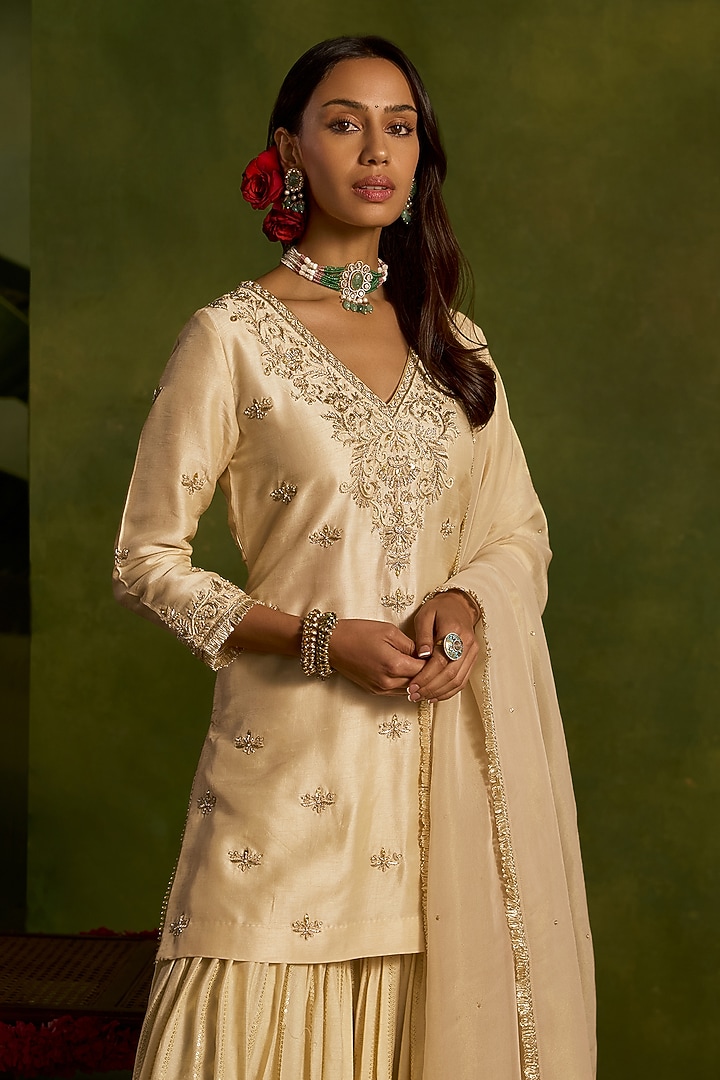 Ivory Silk Sequins Embroidered Gharara Set by Kritika Dawar at Pernia's Pop Up Shop