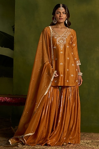 Mustard Silk Sequins Embroidered Gharara Set by Kritika Dawar
