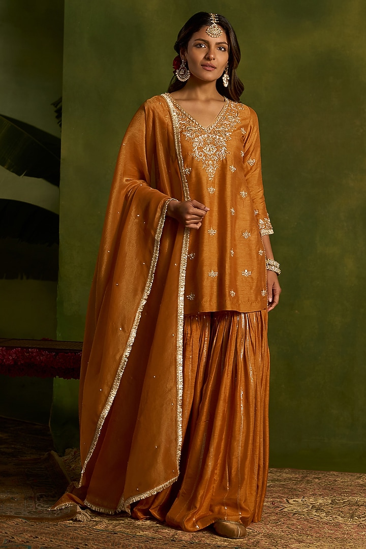 Mustard Silk Sequins Embroidered Gharara Set by Kritika Dawar at Pernia's Pop Up Shop