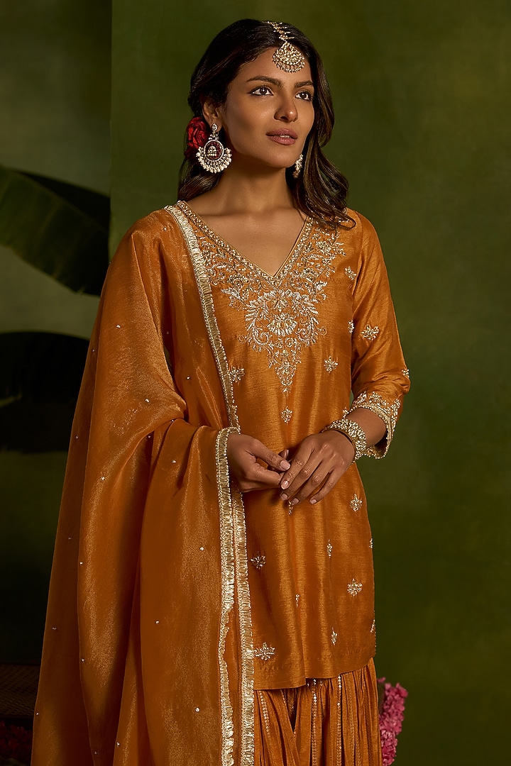 Mustard Silk Sequins Embroidered Gharara Set by Kritika Dawar at Pernia's Pop Up Shop