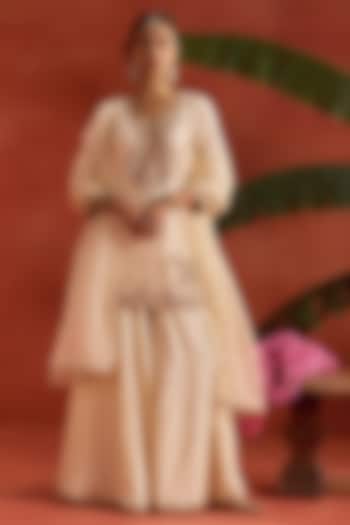 Ivory Silk Dabka Embroidered Wedding Sharara Set by Kritika Dawar at Pernia's Pop Up Shop