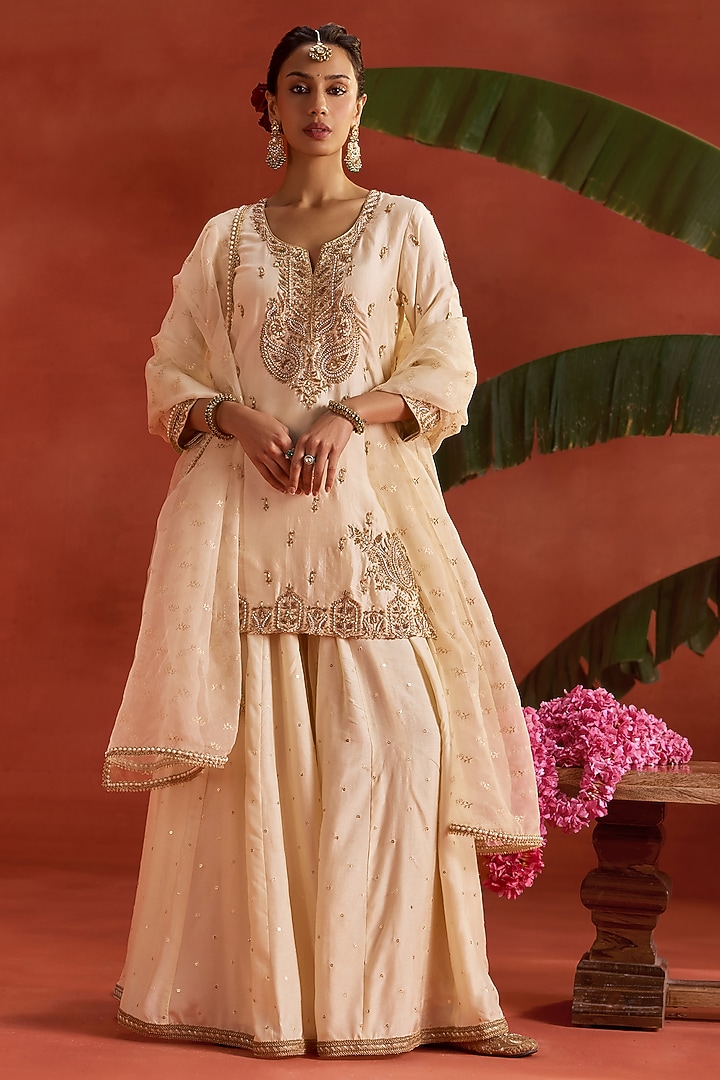 Ivory Silk Dabka Embroidered Wedding Sharara Set by Kritika Dawar at Pernia's Pop Up Shop