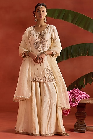 Ivory Silk Dabka Embroidered Sharara Set by Kritika Dawar