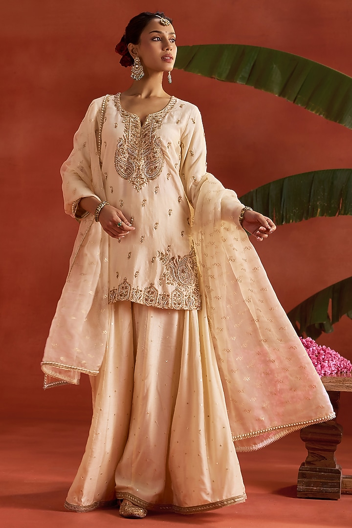 Ivory Silk Dabka Embroidered Wedding Sharara Set by Kritika Dawar at Pernia's Pop Up Shop