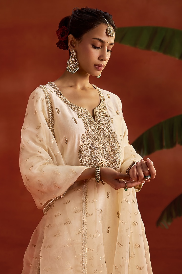 Ivory Silk Dabka Embroidered Wedding Sharara Set by Kritika Dawar at Pernia's Pop Up Shop