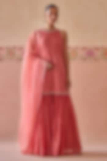 Coral Chanderi Thread Embroidered Gharara Set by Kritika Dawar at Pernia's Pop Up Shop