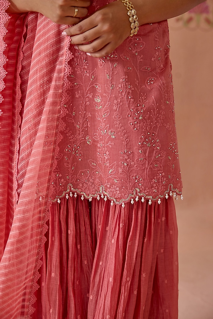Coral Chanderi Thread Embroidered Gharara Set by Kritika Dawar at Pernia's Pop Up Shop