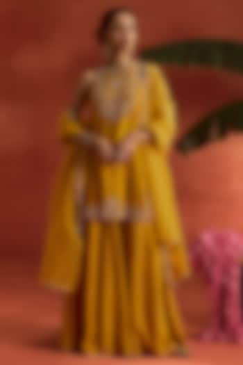 Yellow Silk Thread Work Wedding Sharara Set by Kritika Dawar at Pernia's Pop Up Shop
