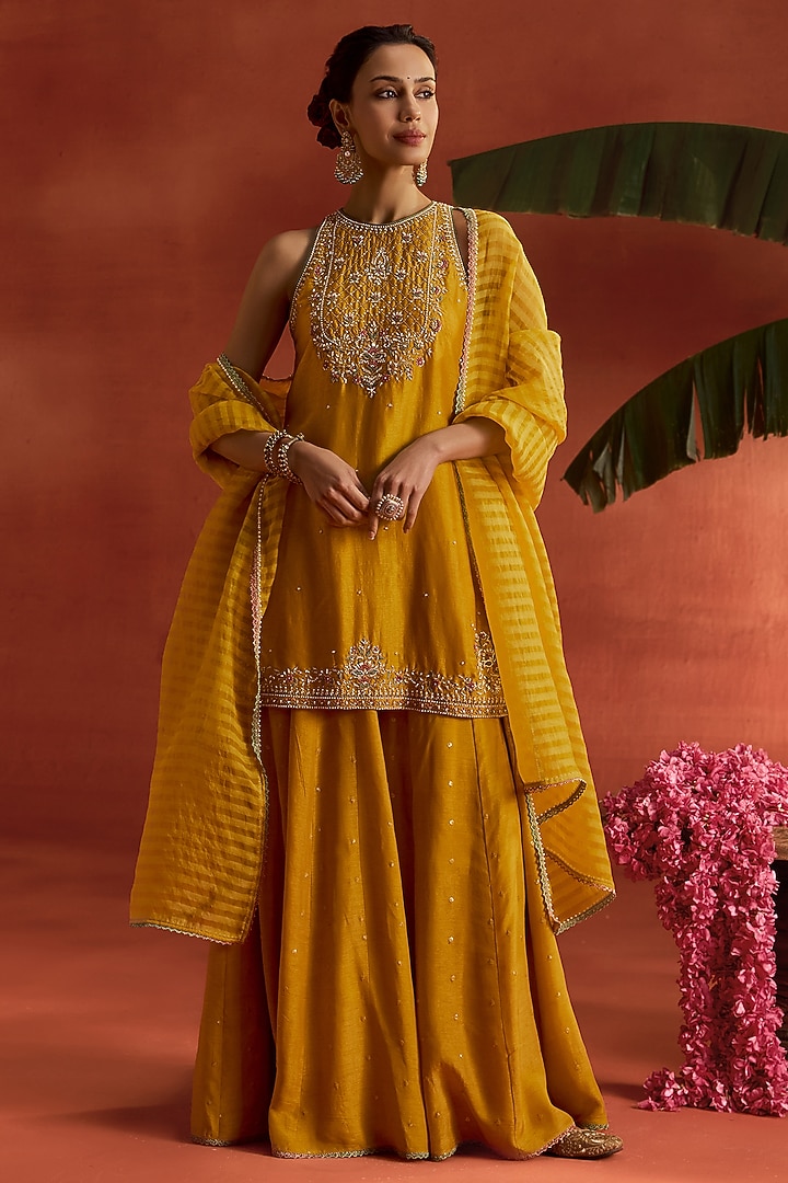 Yellow Silk Thread Work Wedding Sharara Set by Kritika Dawar at Pernia's Pop Up Shop