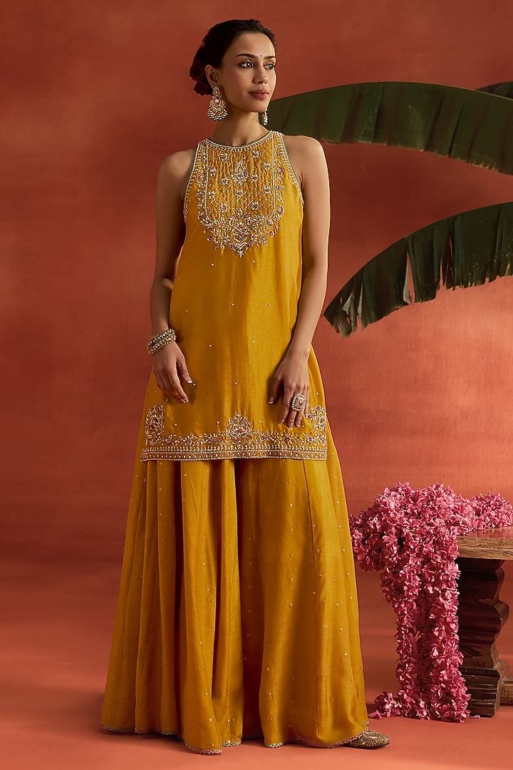Yellow Silk Thread Work Wedding Sharara Set by Kritika Dawar at Pernia's Pop Up Shop