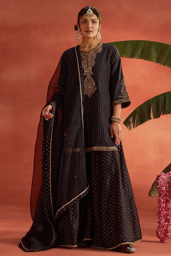 Black Silk Chanderi Block Printed Wedding Sharara Set by Kritika Dawar at Pernia's Pop Up Shop