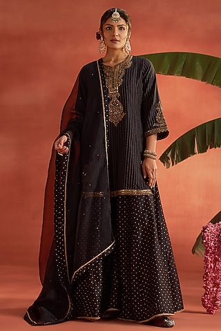 Black Silk Chanderi Block Printed Sharara Set by Kritika Dawar