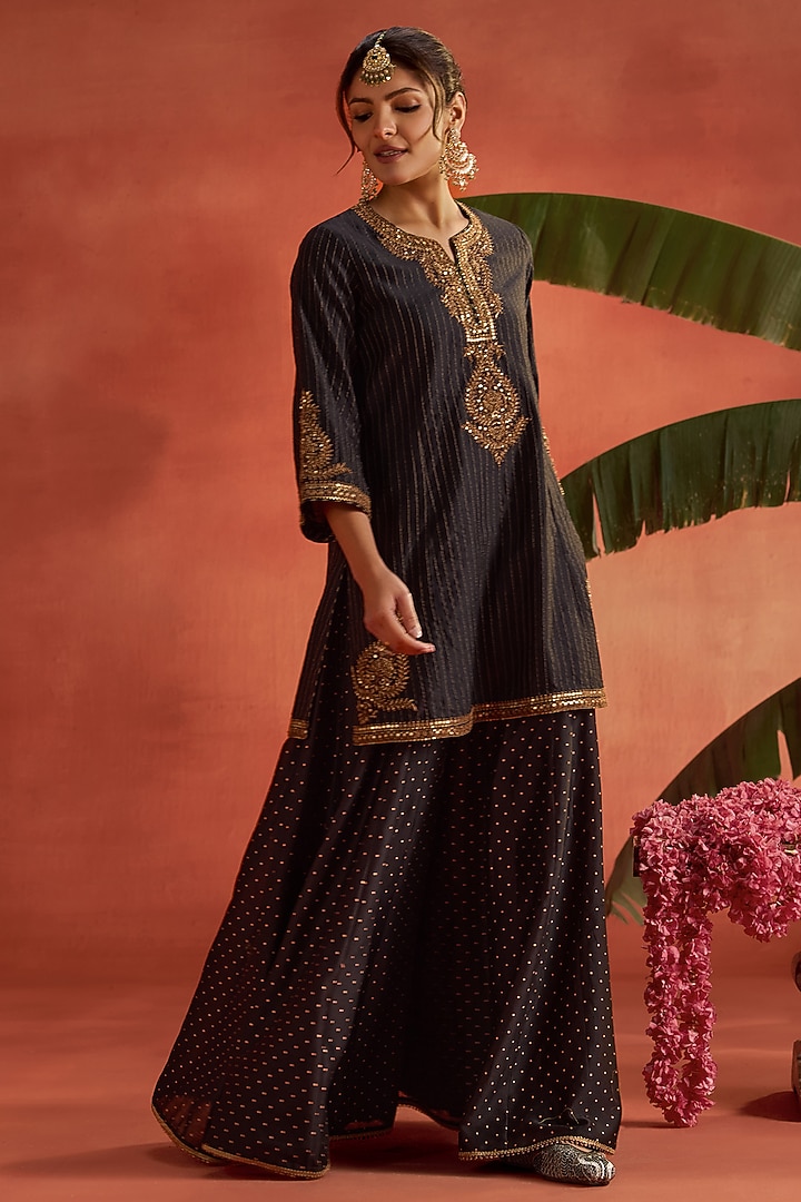 Black Silk Chanderi Block Printed Wedding Sharara Set by Kritika Dawar at Pernia's Pop Up Shop
