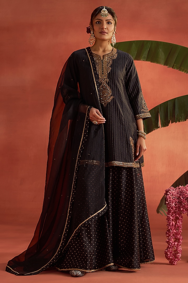 Black Silk Chanderi Block Printed Wedding Sharara Set by Kritika Dawar at Pernia's Pop Up Shop