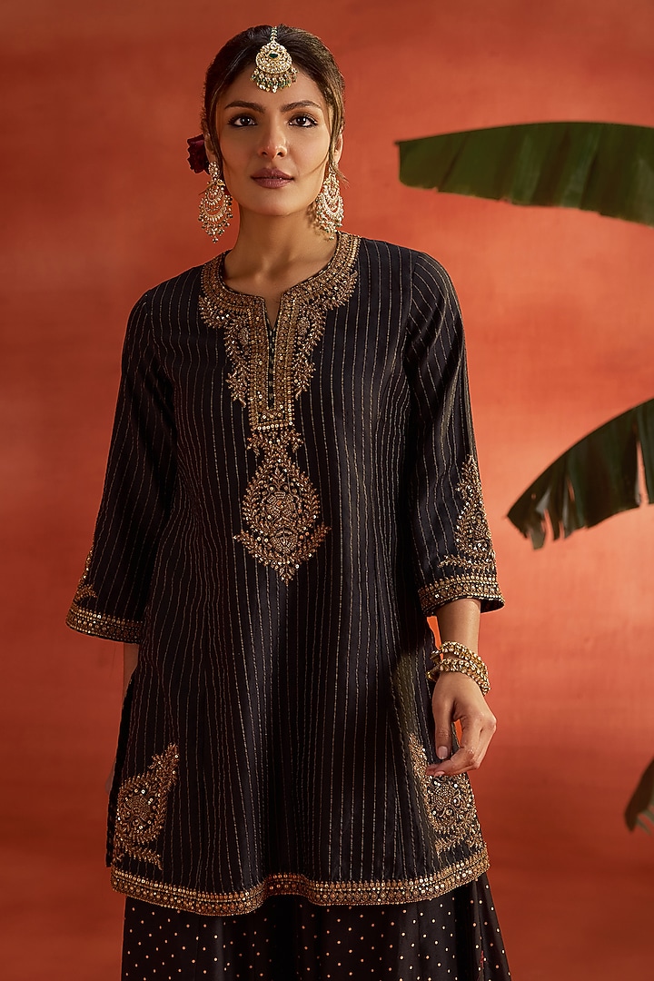 Black Silk Chanderi Block Printed Wedding Sharara Set by Kritika Dawar at Pernia's Pop Up Shop