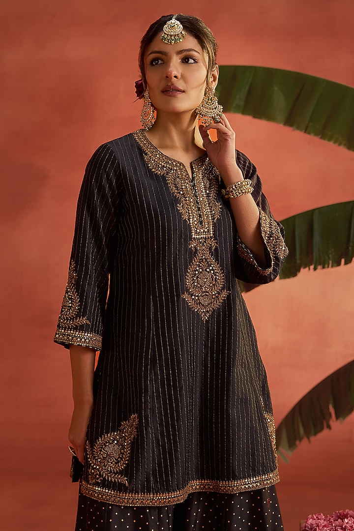 Black Silk Chanderi Block Printed Wedding Sharara Set by Kritika Dawar at Pernia's Pop Up Shop